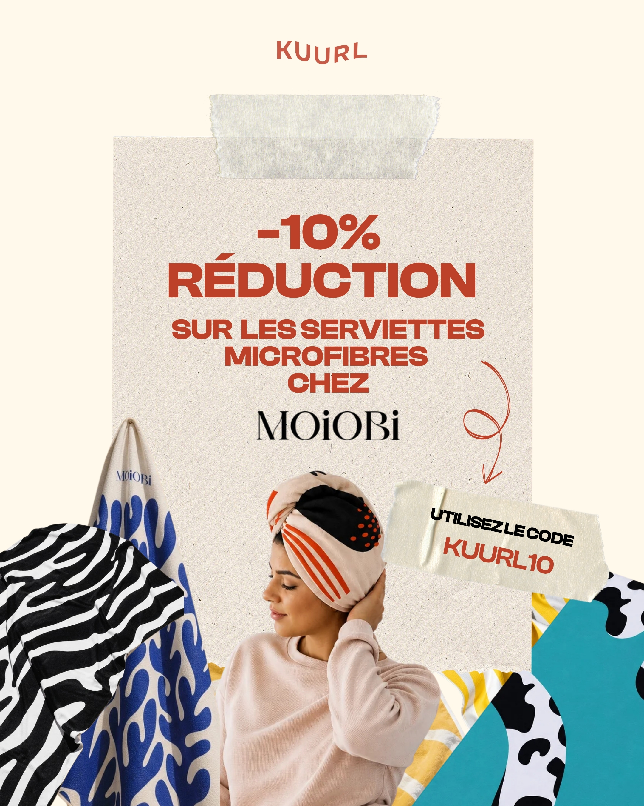 MOIOBI microfiber towels promotion featuring a woman