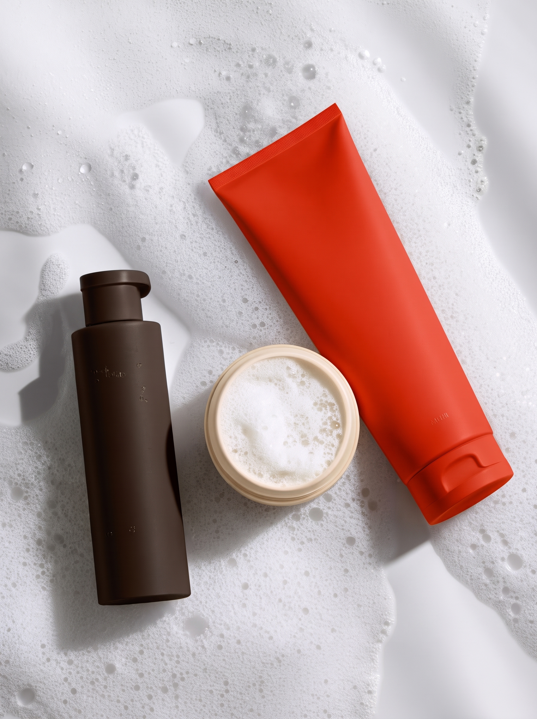 Haircare products arranged on a clean, foamy surface